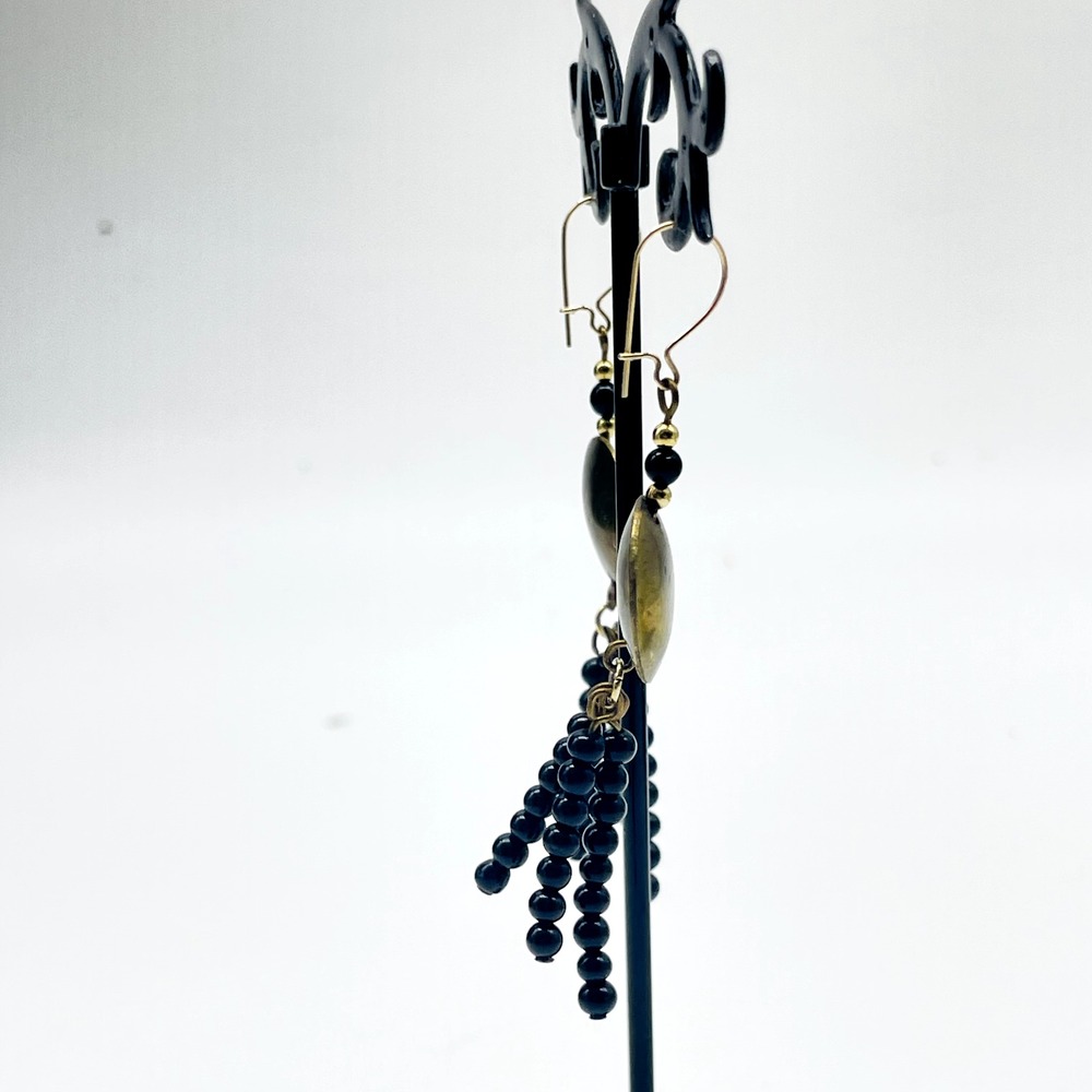 Gold Tone Disc Black Beaded Fringe Dangle Pierced Earrings Boho Statement - Picture 8 of 9